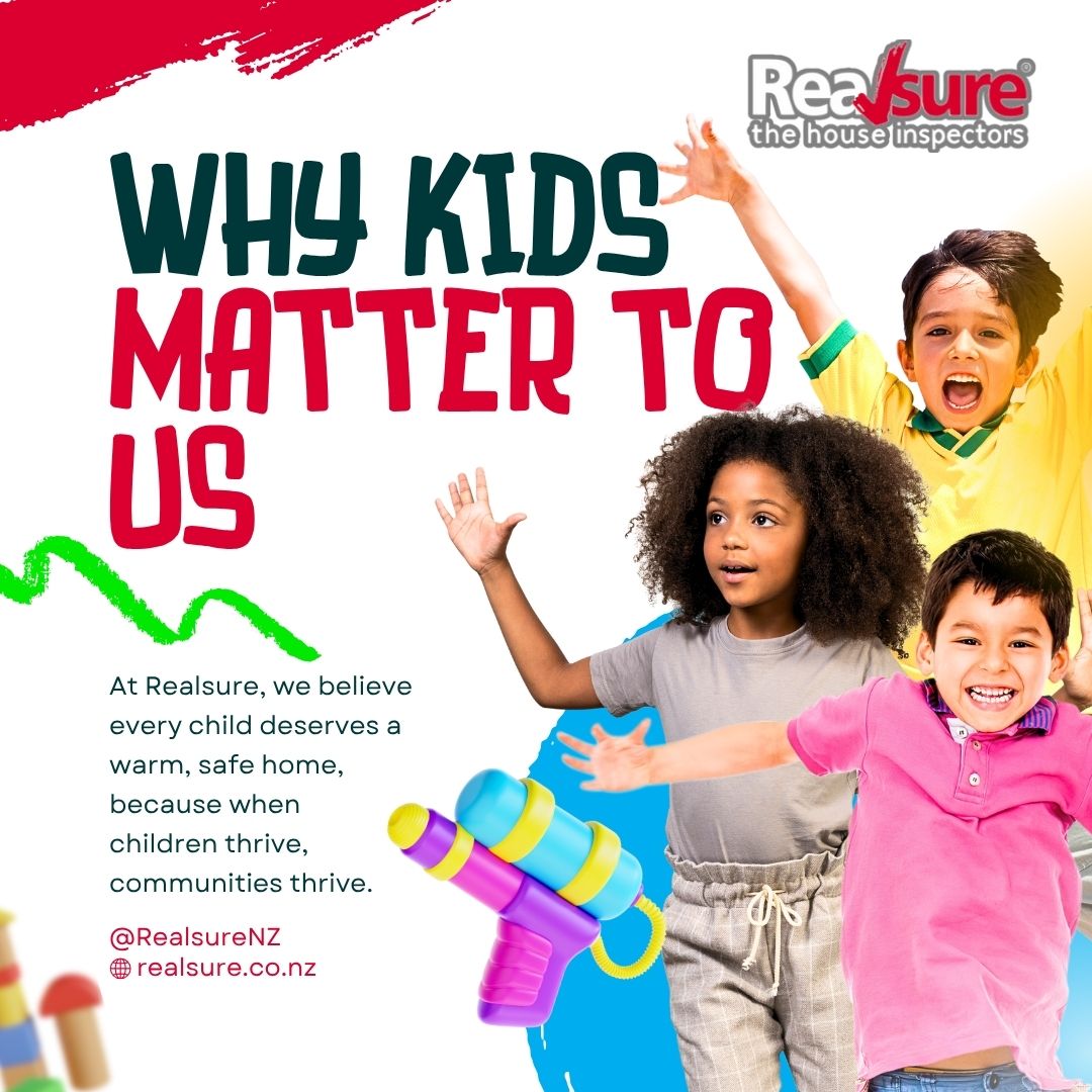 Three happy children with arms raised are featured next to bold text reading Why Kids Matter to Us. The image promotes Realsure, a home inspection company, emphasizing children’s need for safe, healthy homes.